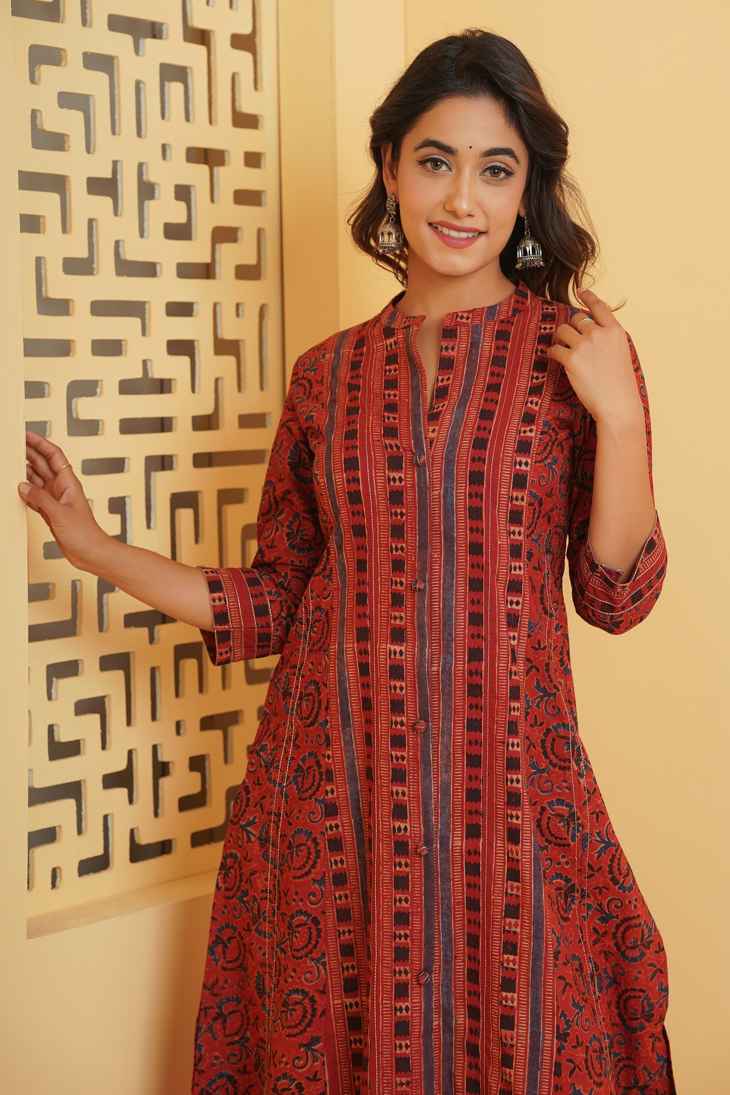 MAROON AJRAKH PRINTED PRINCESS LINE KURTA