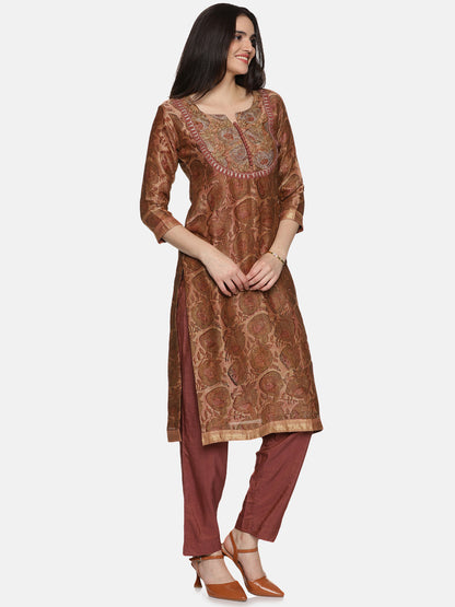 BROWN AJRAK BLOCK PRINT KURTA SET IN CHANDERI