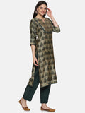 GREEN AJRAK BLOCK PRINT KURTA SET IN  CHANDERI