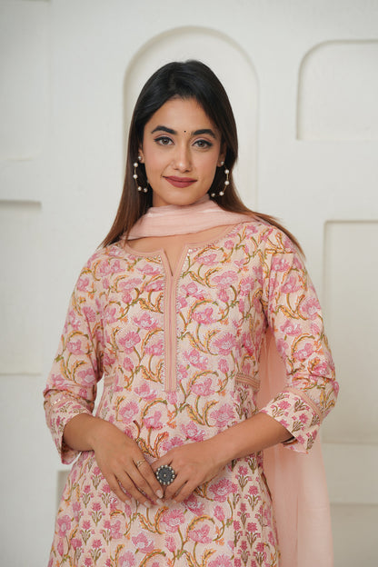 PEACH HAND BLOCK PRINTED KURTA SET