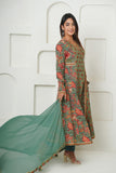 GREEN HANDBLOCK PRINTED FLORAL ANGRAKHA KURTA SET