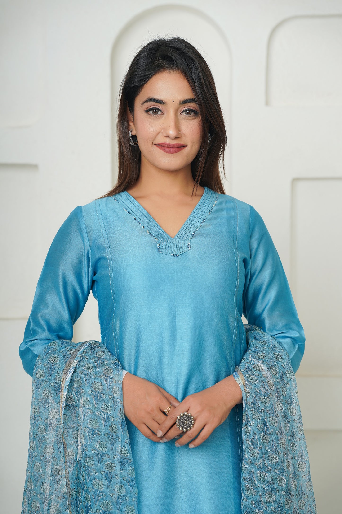 BLUE PURE CHANDERI PRINCESS LINE KURTA SET