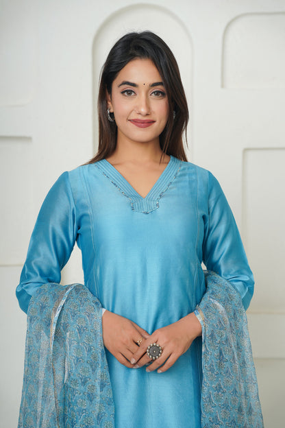 BLUE PURE CHANDERI PRINCESS LINE KURTA SET