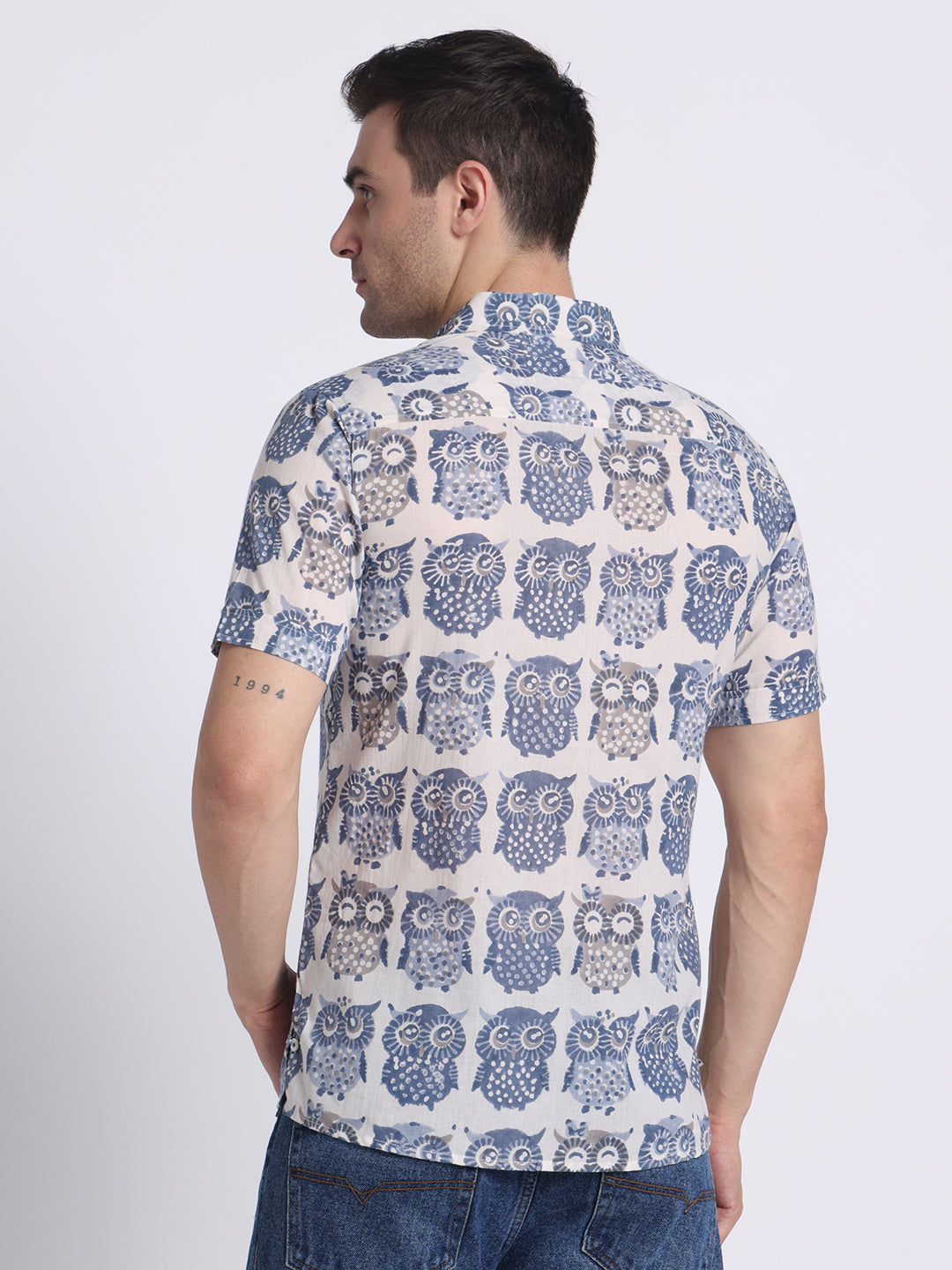 Blue-White Block Printed Mens Shirt