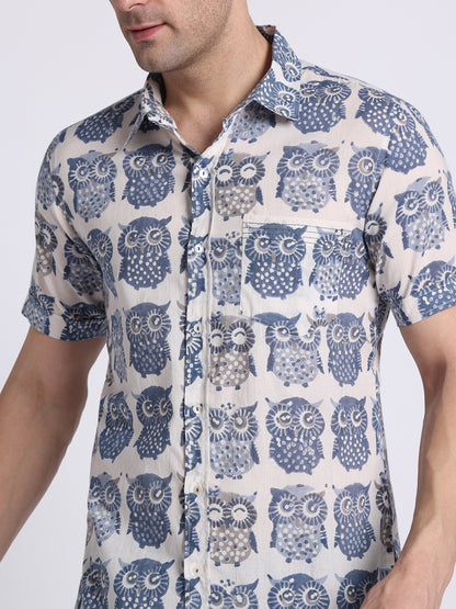 Blue-White Block Printed Mens Shirt