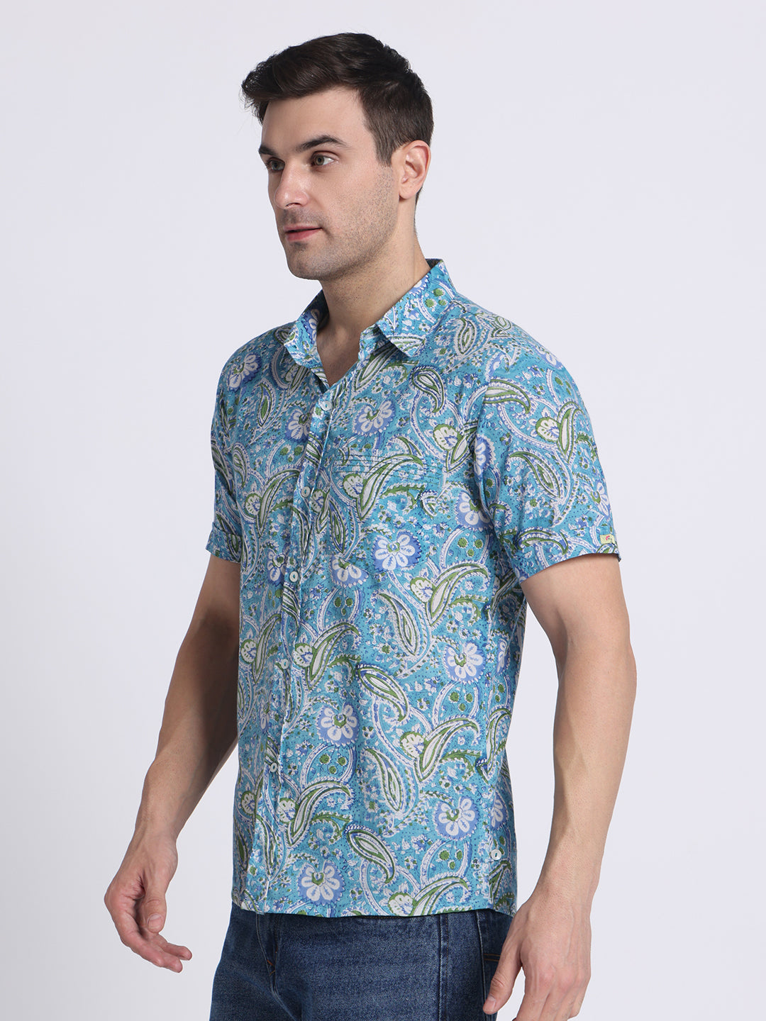 Sky Blue Block Print Men Shirt