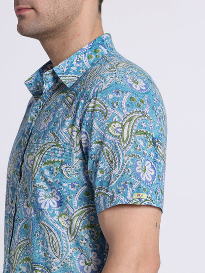 Sky Blue Block Print Men Shirt