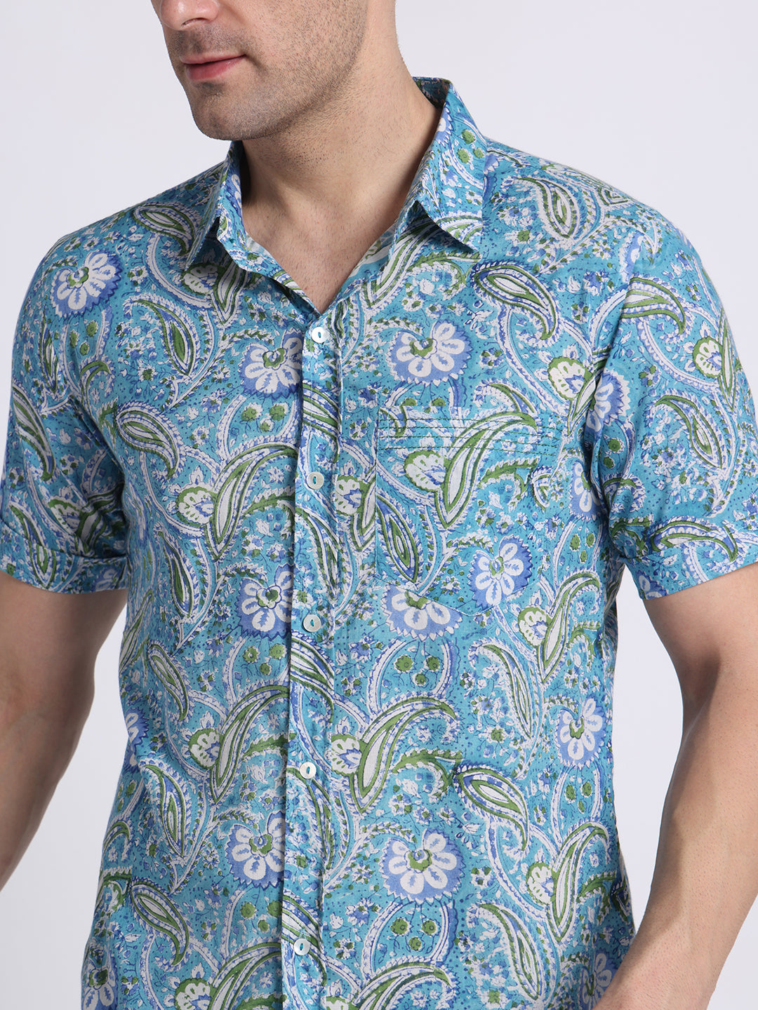 Sky Blue Block Print Men Shirt