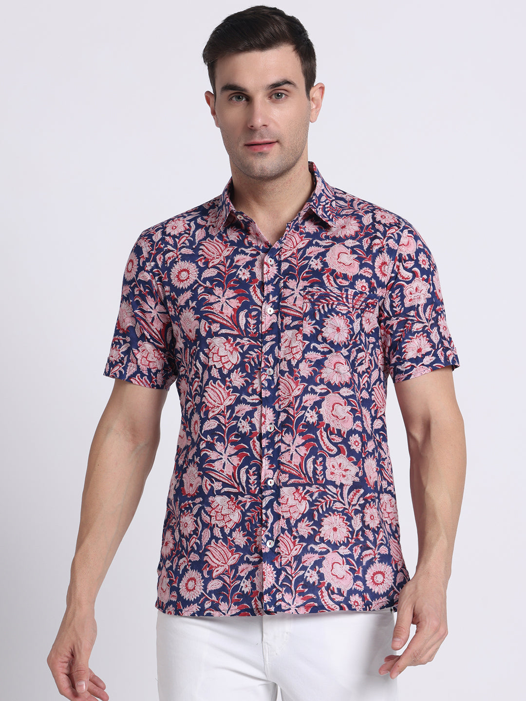 Dark Blue Block Print Mens Shirt