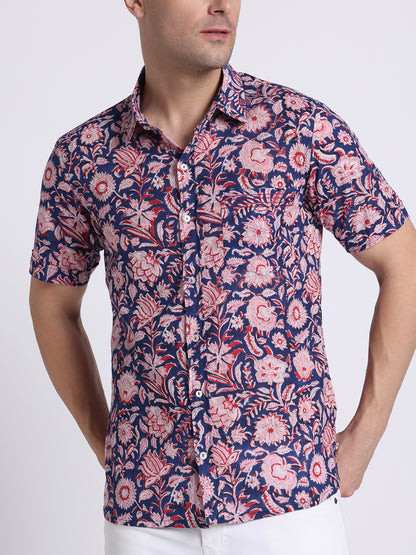 Dark Blue Block Print Mens Shirt