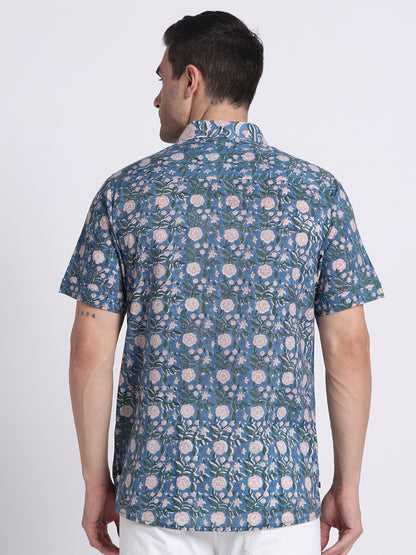 Dark Blue Block Printed Men Shirt