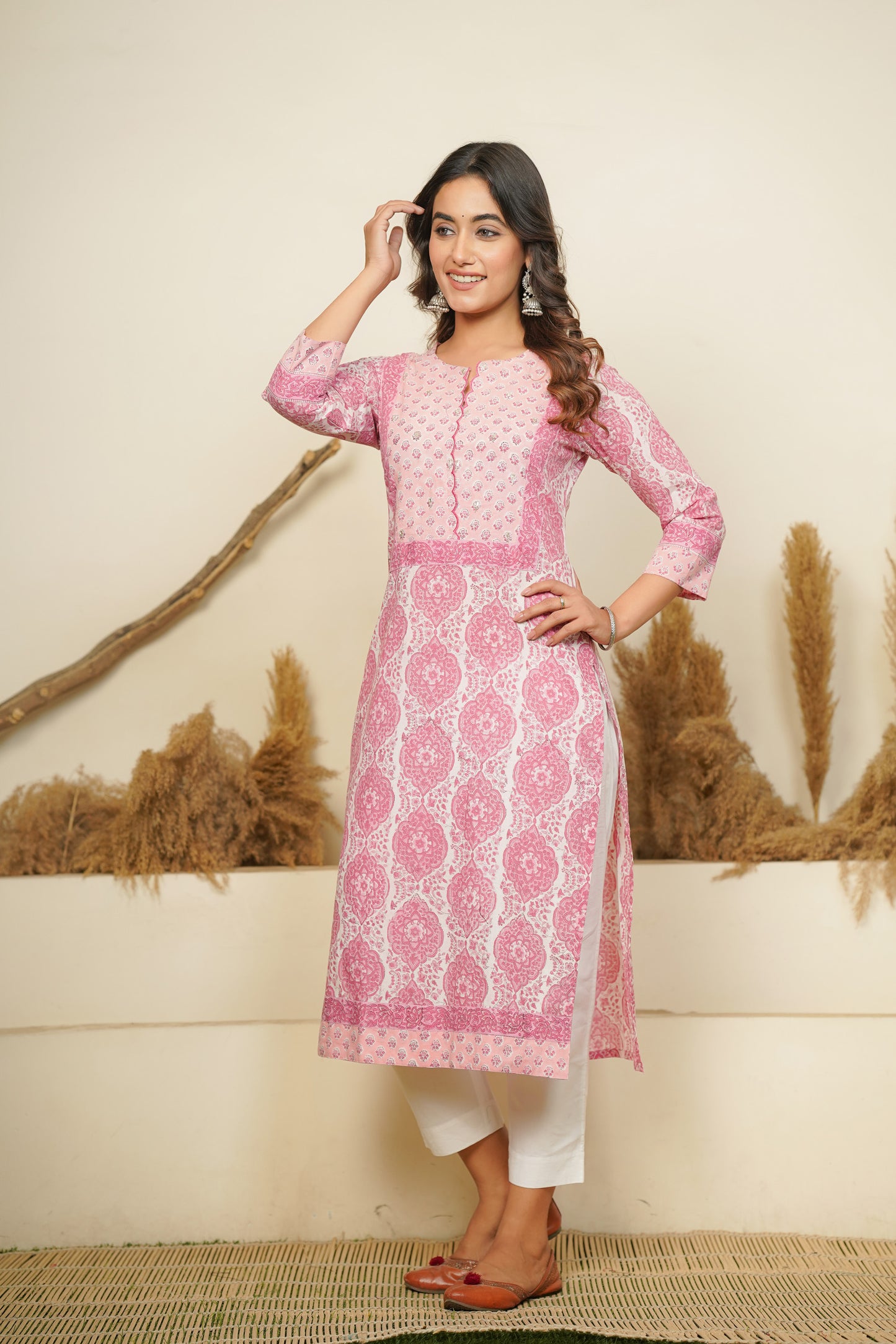 PINK HAND BLOCK PRINTED STRAIGHT KURTA