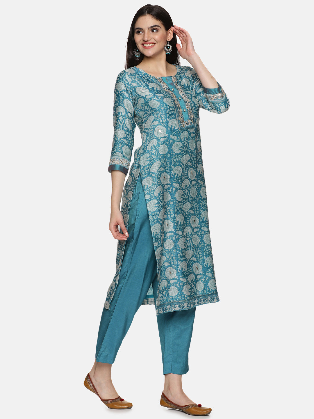 BLUE BLOCK PRINT KURTA SET IN CHANDERI