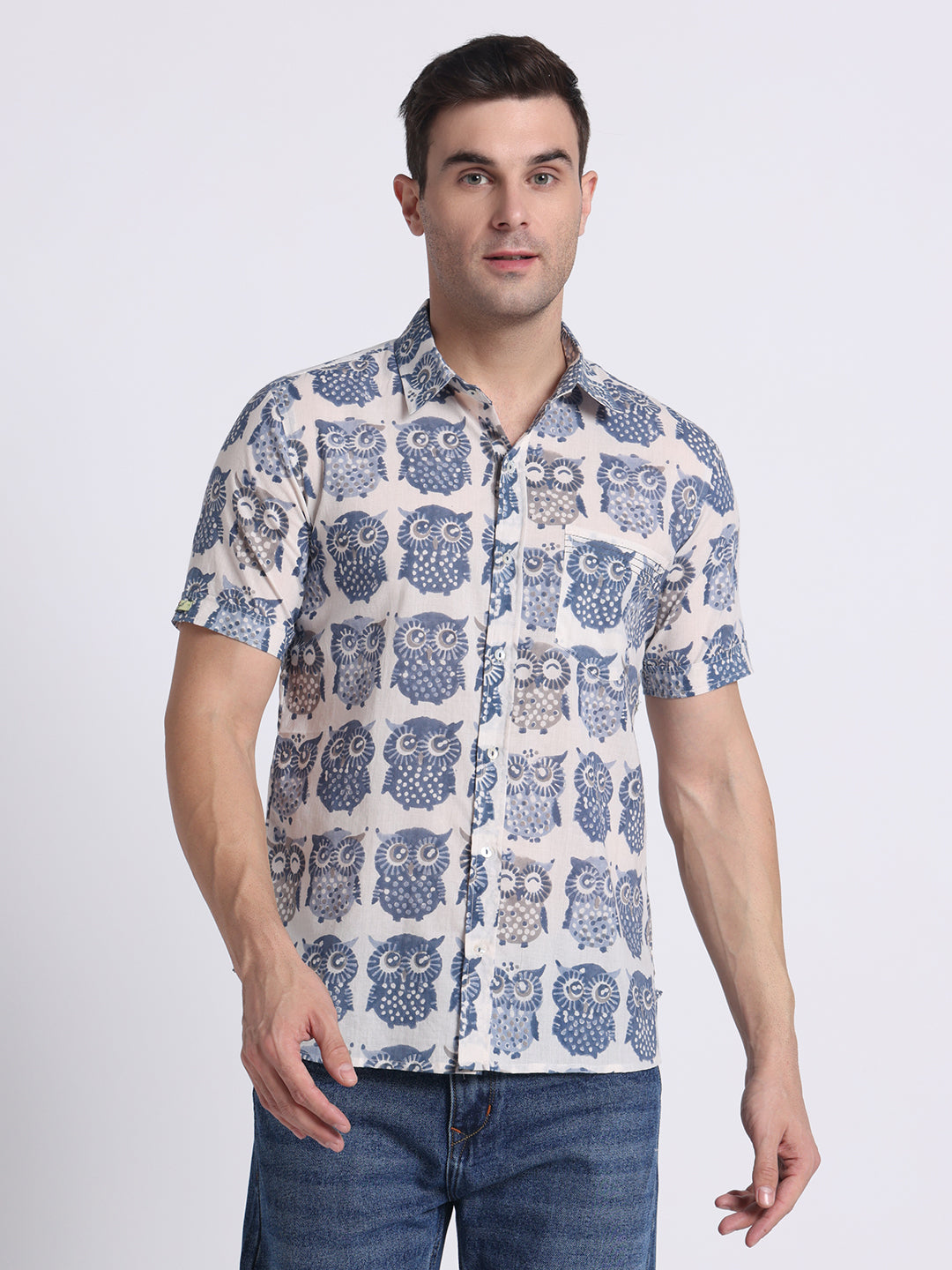 Blue-White Block Printed Mens Shirt