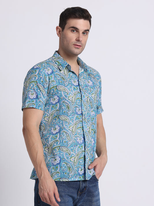 Sky Blue Block Print Men Shirt