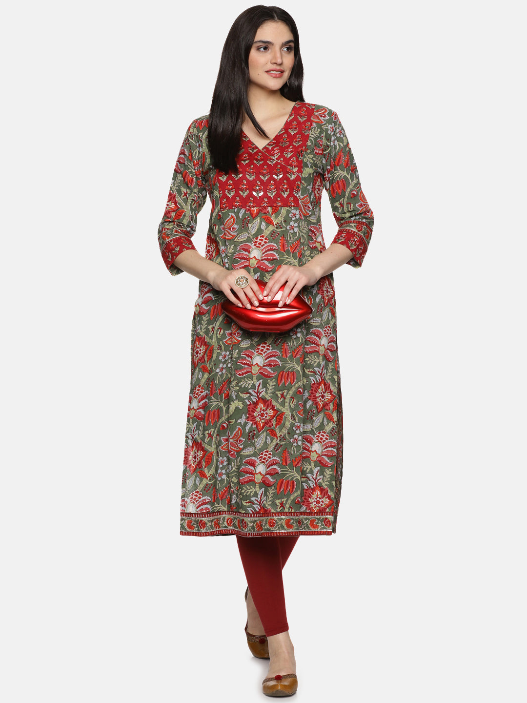 GREEN AND RED BLOCK PRINT KURTA