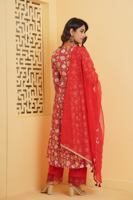 RED FLORAL BLOCK PRINT GATHER ANARKALI KURTA SET