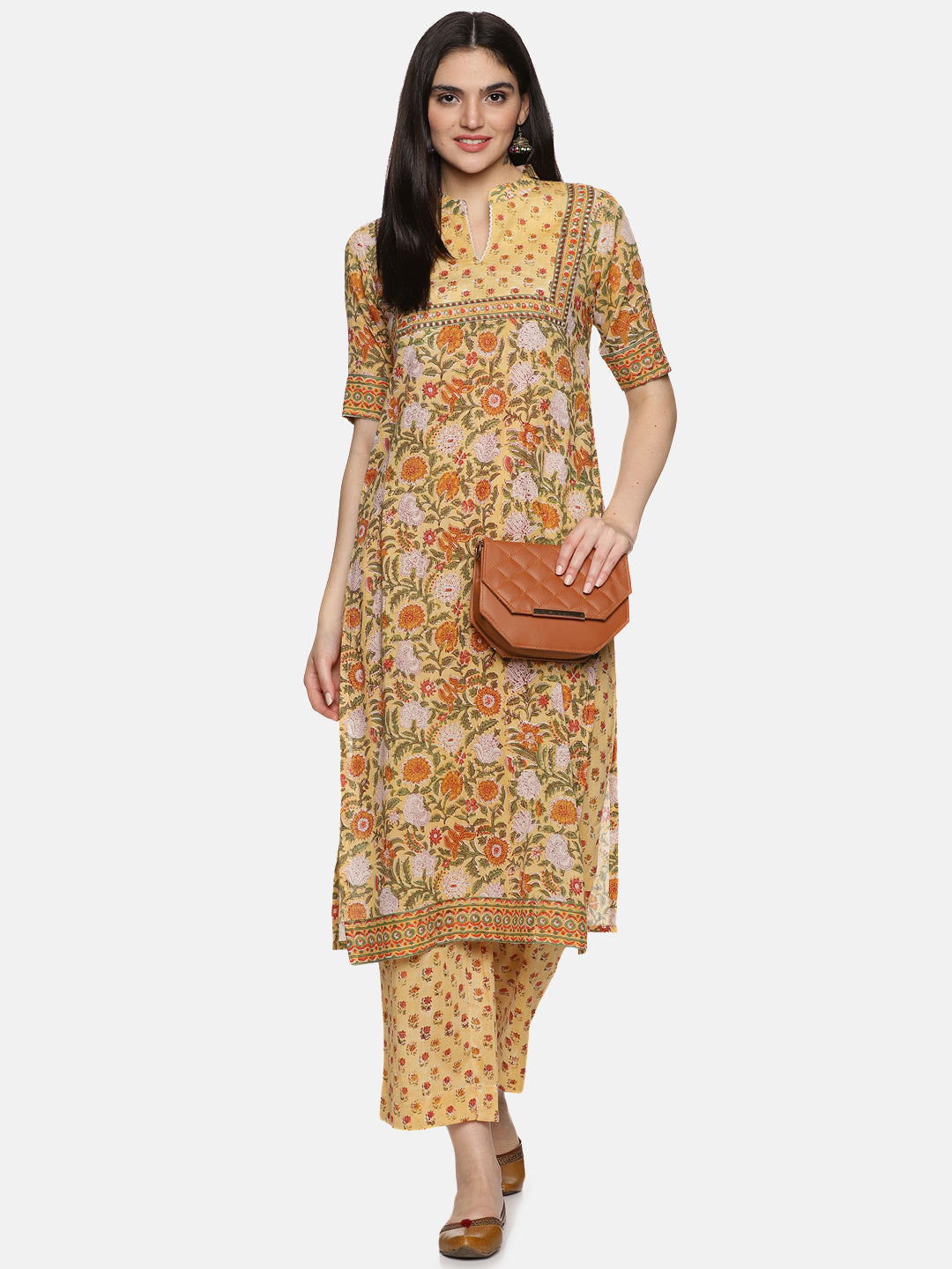 MUSTARD YELLOW BLOCK PRINT KURTA PLAZZO SET