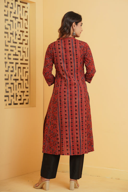 MAROON AJRAKH PRINTED PRINCESS LINE KURTA