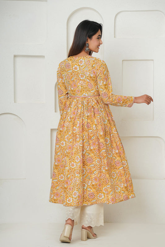 YELLOW FLORAL BLOCK PRINT GATHER ANARKALI KURTA SET