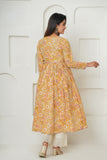 YELLOW FLORAL BLOCK PRINT GATHER ANARKALI KURTA SET