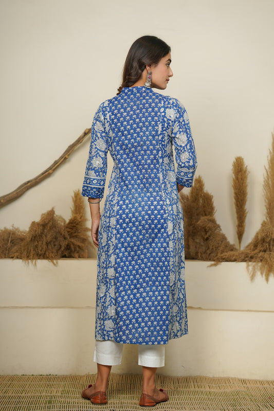 BLUE HAND BLOCK PRINTED PRINCESS LINE KURTA