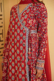 RED HANDBLOCK PRINTED FLORAL ANGRAKHA KURTA SET