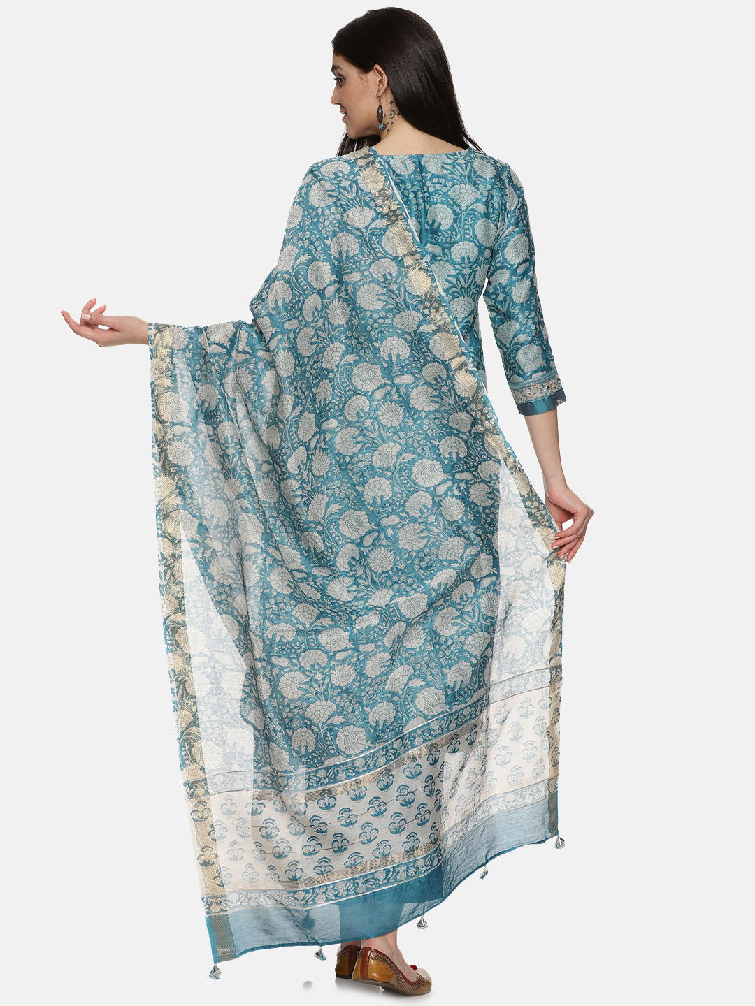 BLUE BLOCK PRINT KURTA SET IN CHANDERI