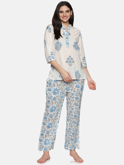 WHITE AND BLUE BLOCK PRINT LOUNGE WEAR