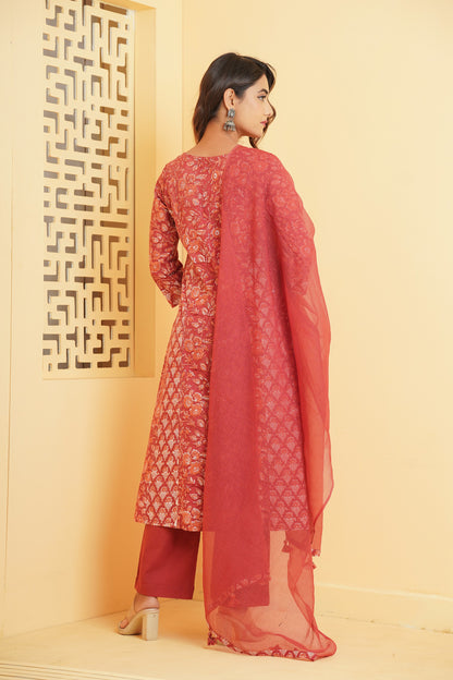 MAROON HAND BLOCK PRINTED KURTA SET