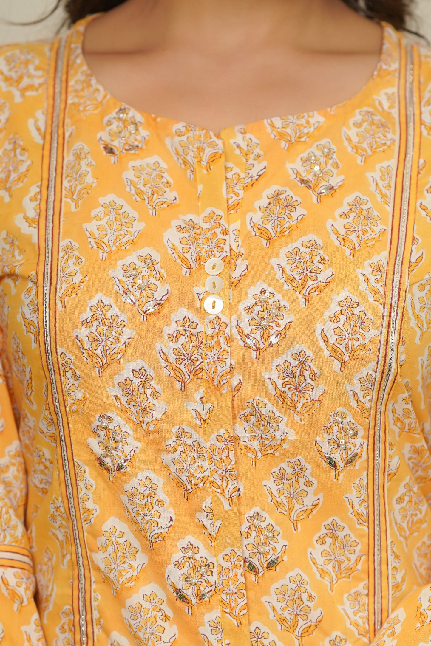 YELLOW HAND BLOCK PRINTED STRAIGHT KURTA