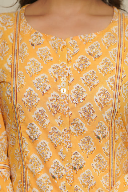 YELLOW HAND BLOCK PRINTED STRAIGHT KURTA