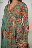 GREEN HANDBLOCK PRINTED FLORAL ANGRAKHA KURTA SET