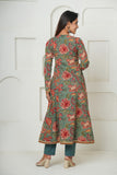 GREEN HANDBLOCK PRINTED FLORAL ANGRAKHA KURTA SET