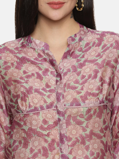 PURPLE FLORAL BLOCK PRINT SHIRT IN CHANDERI