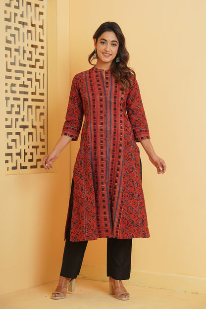 MAROON AJRAKH PRINTED PRINCESS LINE KURTA