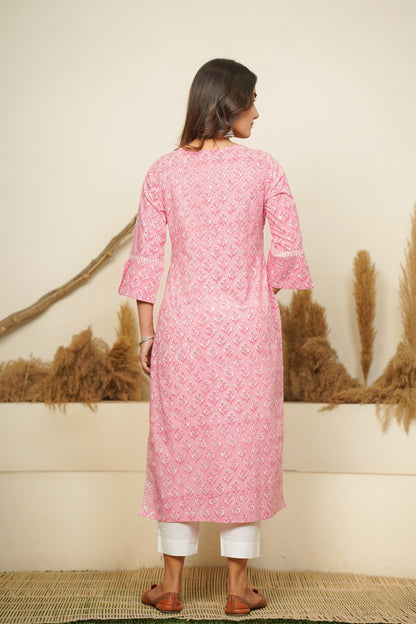 PINK HAND BLOCK PRINTED STRAIGHT KURTA