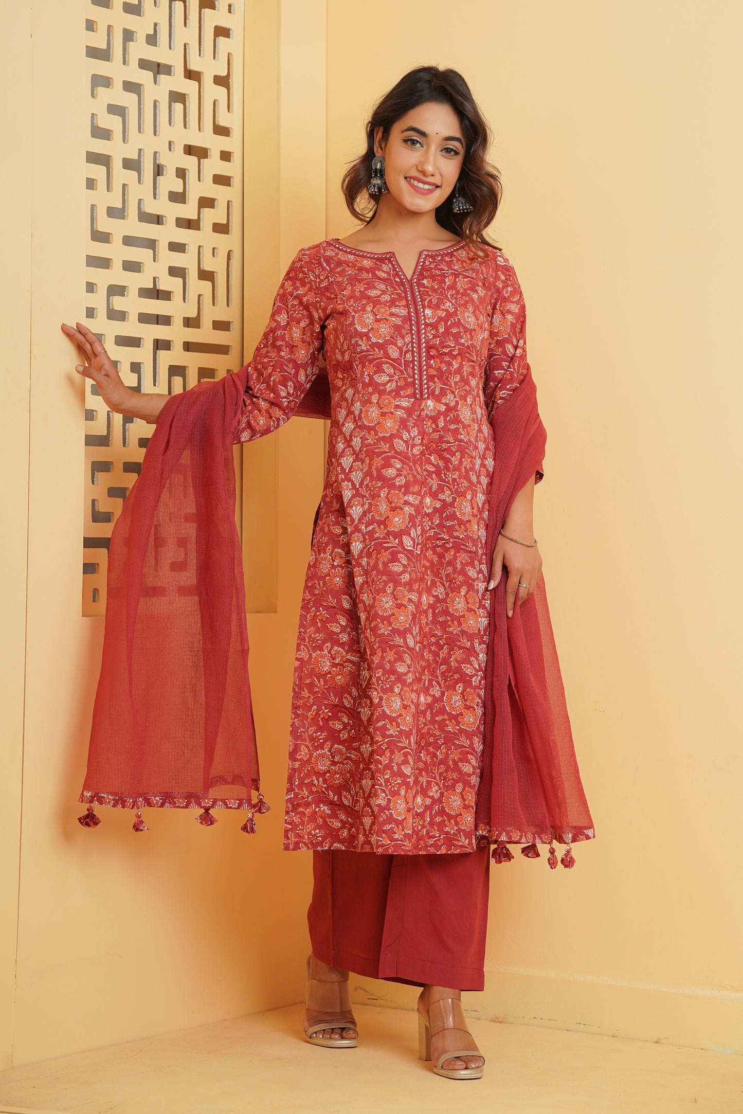 MAROON HAND BLOCK PRINTED KURTA SET