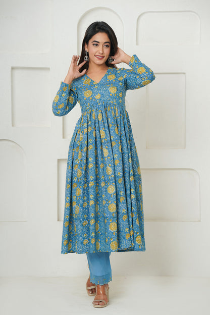 BLUE FLORAL BLOCK PRINT GATHER ANARKALI KURTA SET