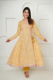 YELLOW HANDBLOCK PRINTED FLORAL ANGRAKHA KURTA SET