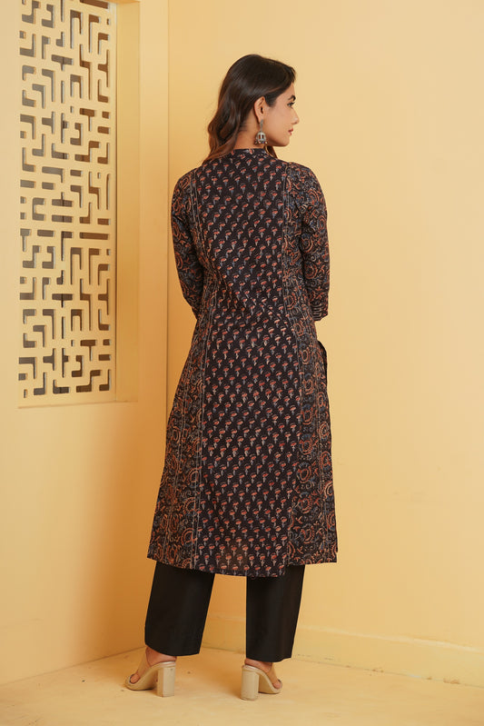 BLACK AJRAKH PRINTED PRINCESS LINE KURTA