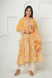 YELLOW FLORAL BLOCK PRINT GATHER ANARKALI KURTA SET