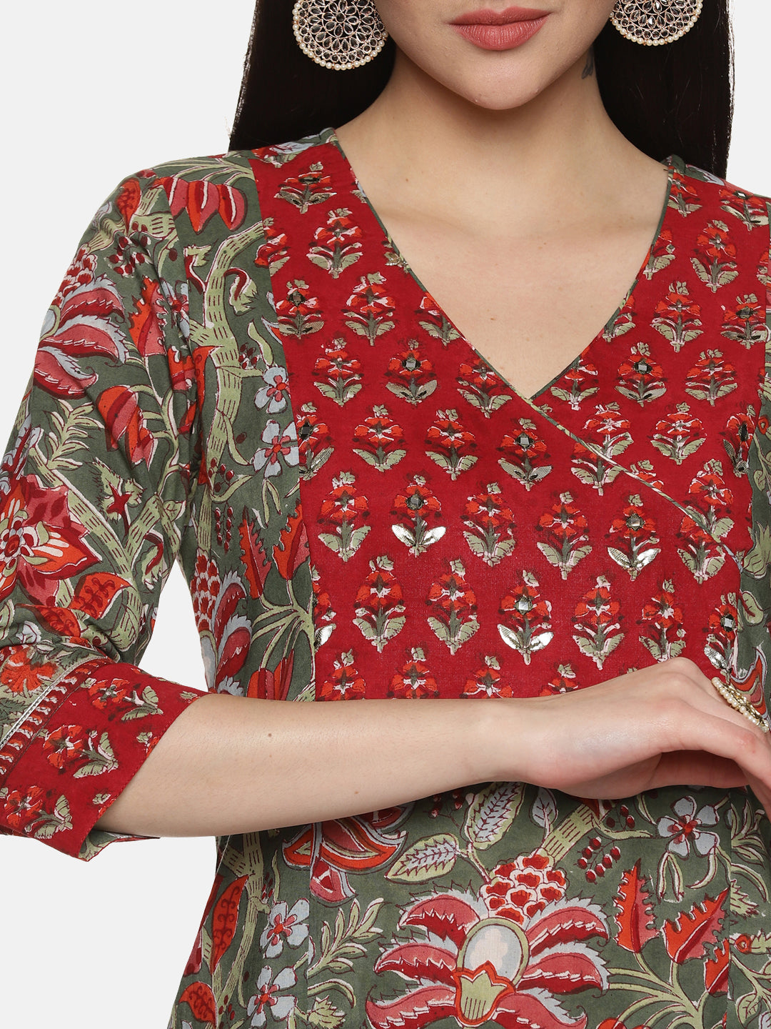 GREEN AND RED BLOCK PRINT KURTA