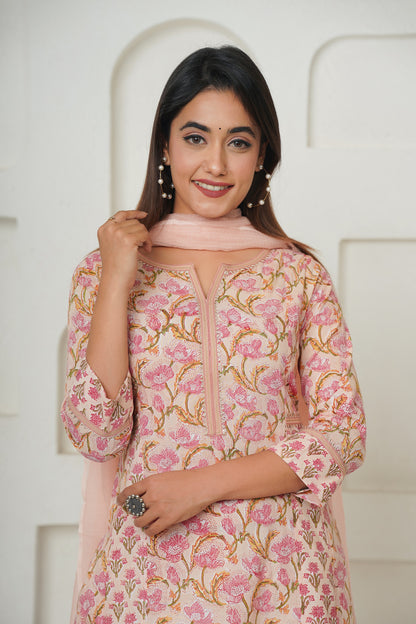 PEACH HAND BLOCK PRINTED KURTA SET