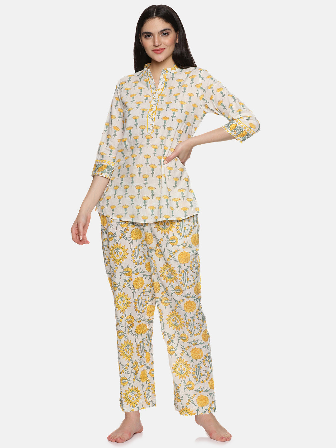 WHITE AND YELLOW BLOCK PRINT LOUNGE WEAR