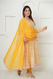 YELLOW HANDBLOCK PRINTED FLORAL ANGRAKHA KURTA SET