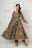 GREEN HANDBLOCK PRINTED FLORAL ANGRAKHA KURTA SET