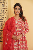 RED FLORAL BLOCK PRINT GATHER ANARKALI KURTA SET