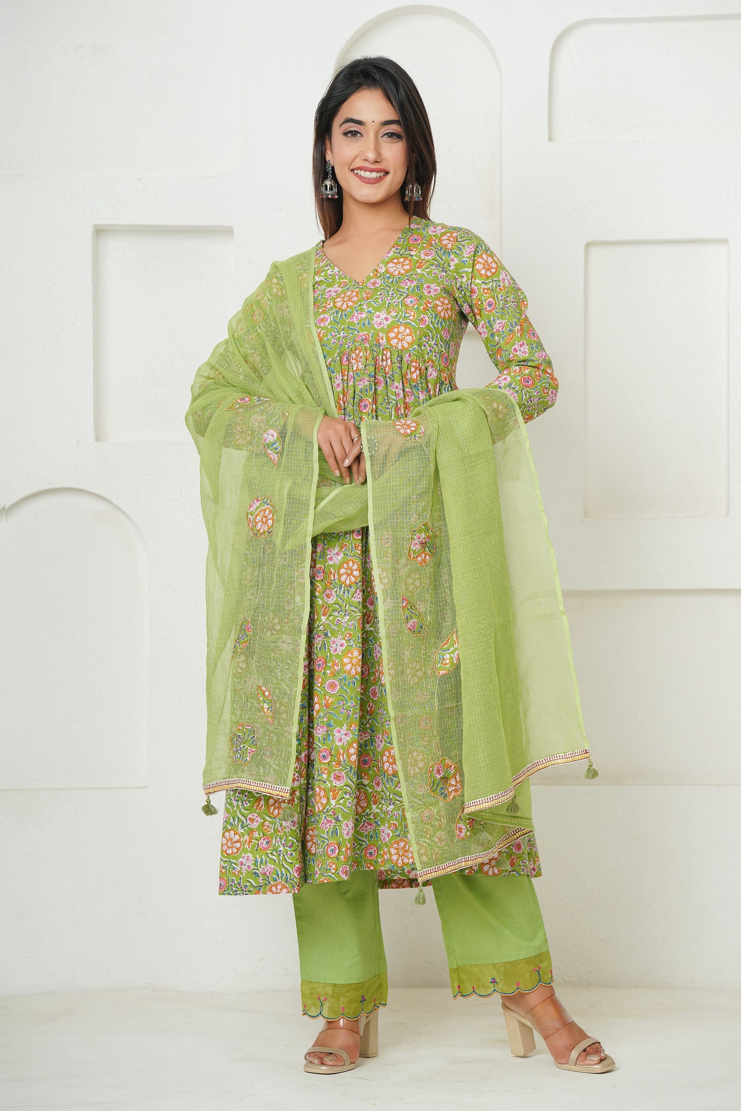 GREEN FLORAL BLOCK PRINT GATHER ANARKALI KURTA SET