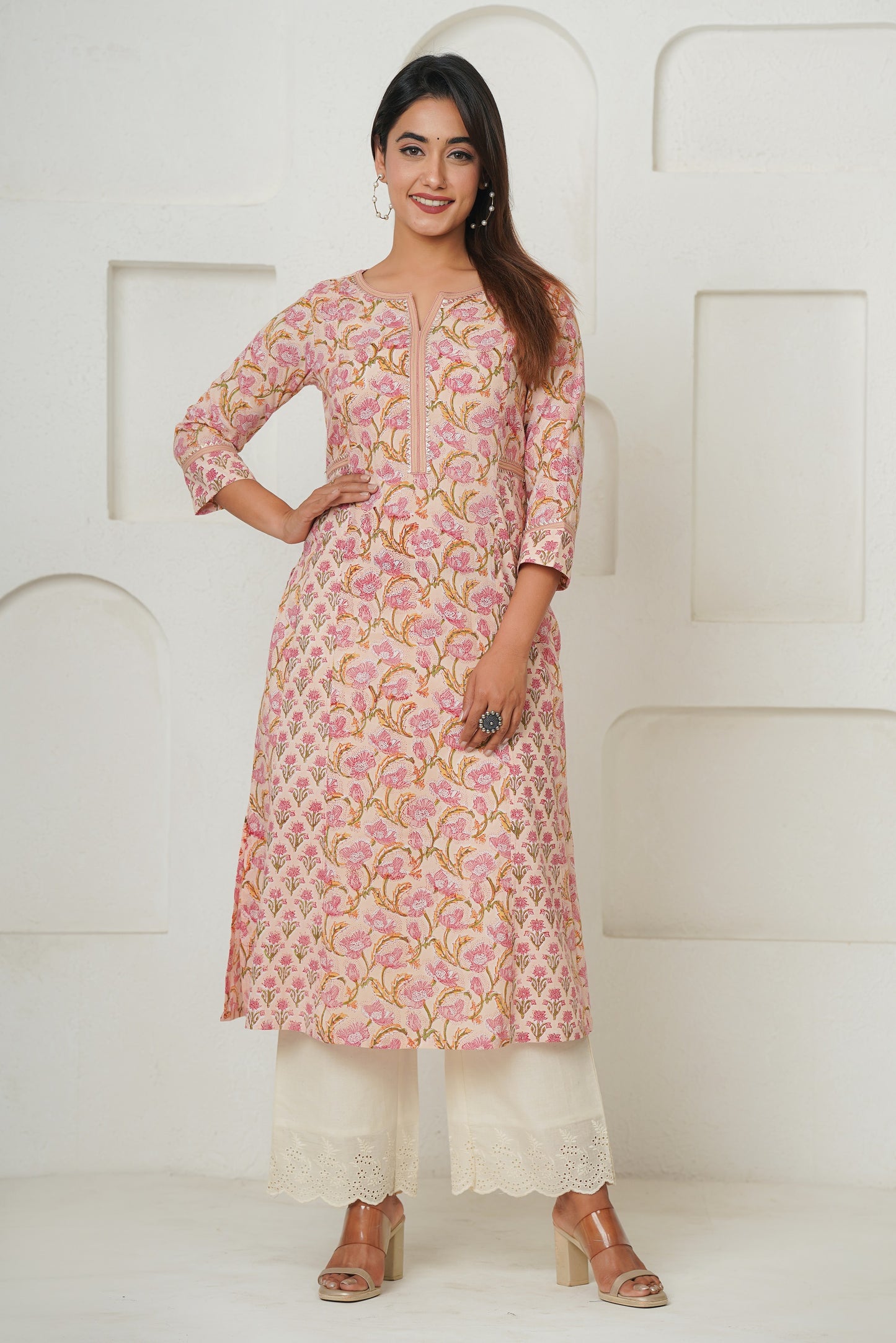 PEACH HAND BLOCK PRINTED KURTA SET